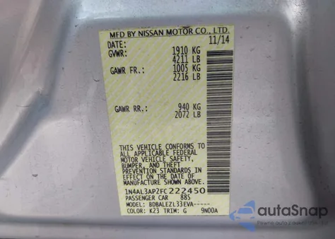 2015 Nissan Altima 2.5 S z USA, uszkodzony, nr VIN 1N4AL3AP2FC222450